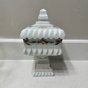 Vintage Westmoreland Pedestal Milk Glass Lidded Dish